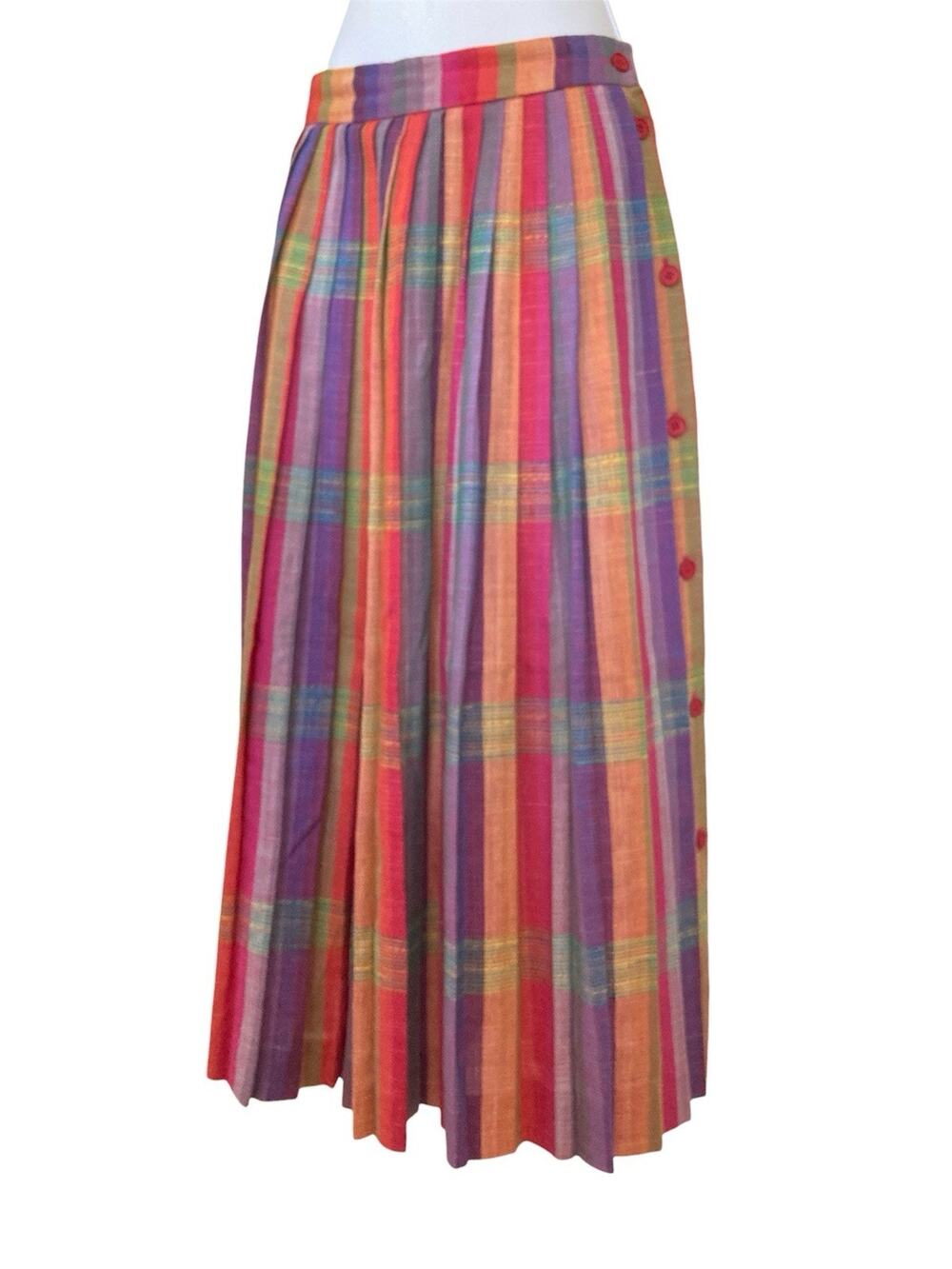 Vintage 80s Woven Cotton Pleated Cottage Boho Preppy Rainbow Plaid Midi Skirt S